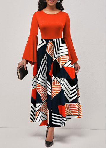 Orange Hanky Sleeve Geometric Print Round Neck Dress - unsigned - Modalova