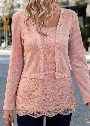 Dusty Pink Lace Long Sleeve Square Neck Blouse - unsigned - Modalova