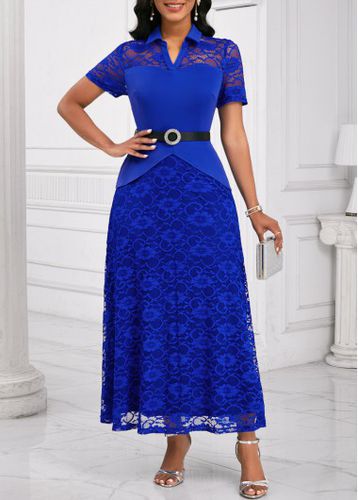 Royal Blue Lace Short Sleeve Shirt Collar Maxi Dress - unsigned - Modalova