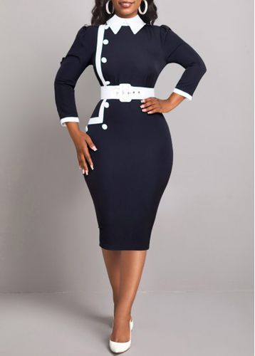 Black Contrast Binding Belted Polo Collar Dress - unsigned - Modalova