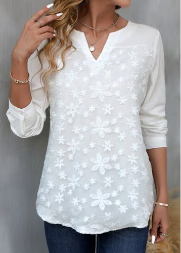 White Patchwork Floral Print Long Sleeve Split Neck Blouse - unsigned - Modalova