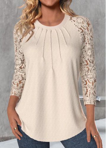 Skin Color Lace Long Sleeve Round Neck T Shirt - unsigned - Modalova