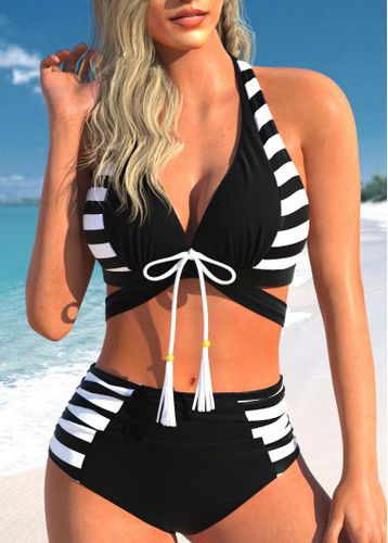 Bowknot Cutout Striped Black Bikini Set - unsigned - Modalova