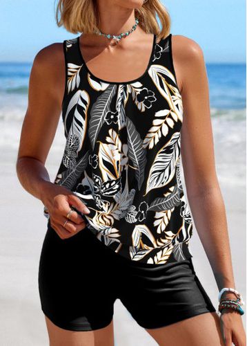 Patchwork Leaf Print Black Tankini Top - unsigned - Modalova