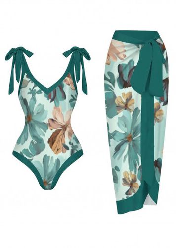 Floral Print Turquoise One Piece Swimwear and Skirt - unsigned - Modalova