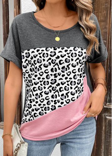 Pink Patchwork Leopard Short Sleeve Round Neck T Shirt - unsigned - Modalova