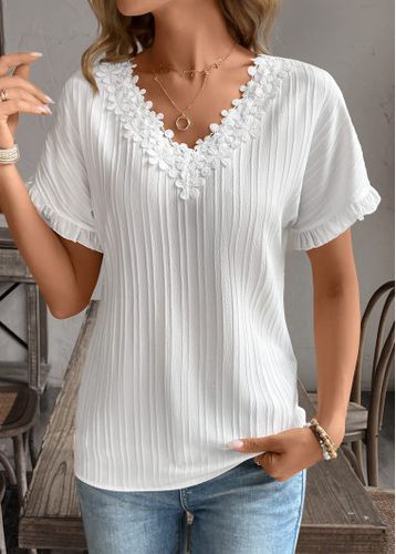 White Patchwork Short Sleeve V Neck Shirt - unsigned - Modalova