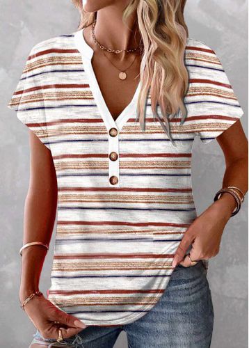 Multi Color Patchwork Short Sleeve Split Neck T Shirt - unsigned - Modalova