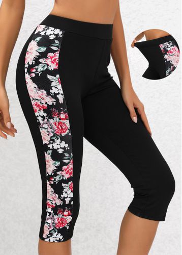 Black Floral Print High Waisted Capri Elastic Waist Leggings - unsigned - Modalova