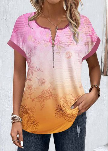 Pink Lightweight Floral Print Short Sleeve Round Neck Blouse - unsigned - Modalova