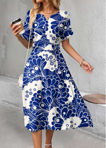 Blue Umbrella Hem Floral Print Short Sleeve Dress - unsigned - Modalova