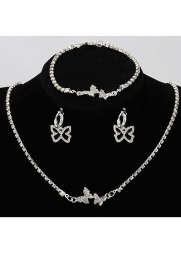 Silvery White Rhinestone Butterfly Alloy Necklace Set - unsigned - Modalova