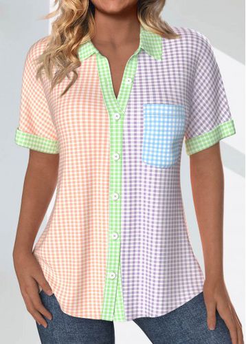 Orange Pocket Plaid Short Sleeve Shirt Collar Blouse - unsigned - Modalova