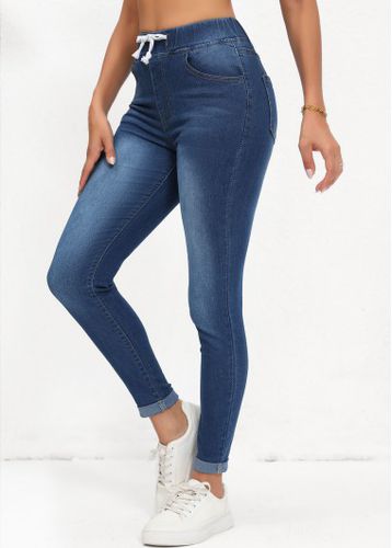 Denim Blue Pocket Skinny Elastic Waist High Waisted Jeans - unsigned - Modalova