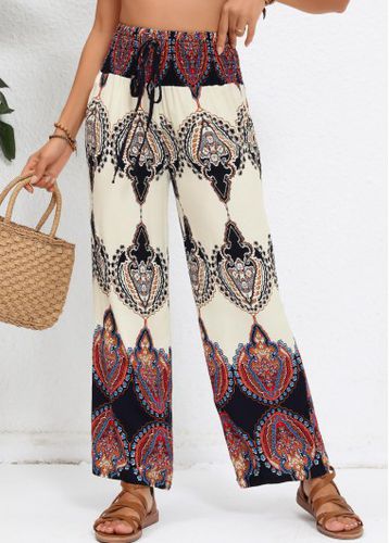 Beige Smocked Tribal Print Elastic Waist High Waisted Pants - unsigned - Modalova