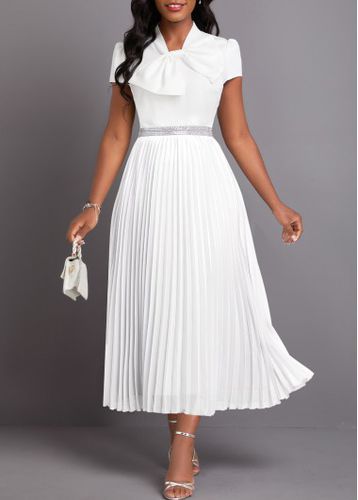 White Pleated Short Sleeve Lace Up Collar Dress - unsigned - Modalova
