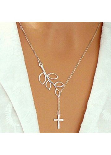 Silvery White Plants Print Cross Alloy Necklace - unsigned - Modalova