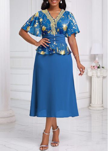 Blue Hot Stamping Floral Print Short Sleeve Dress - unsigned - Modalova