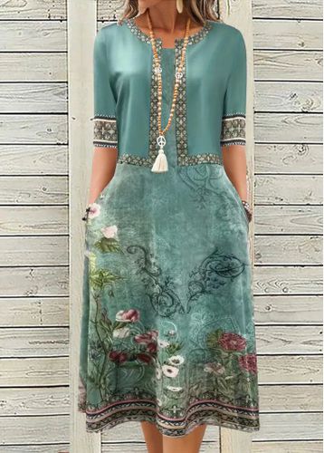 Turquoise Two Piece Floral Print Dress and Cardigan - unsigned - Modalova