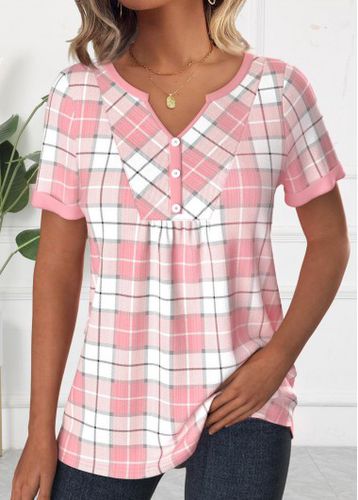 Light Pink Patchwork Plaid Short Sleeve T Shirt - unsigned - Modalova