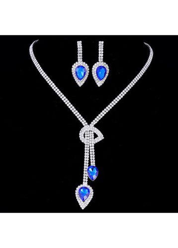 Blue Alloy Waterdrop Rhinestone Design Earrings and Necklace - unsigned - Modalova