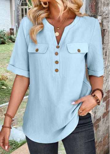 Light Blue Button Half Sleeve High Neck Shirt - unsigned - Modalova