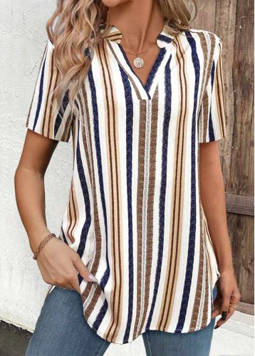 Navy Lightweight Striped Short Sleeve Split Neck Shirt - unsigned - Modalova