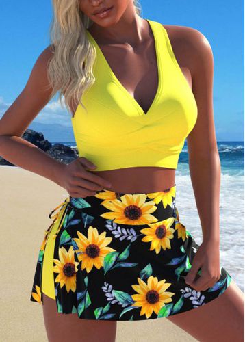 Criss Cross Sunflower Print Yellow Bikini Set - unsigned - Modalova