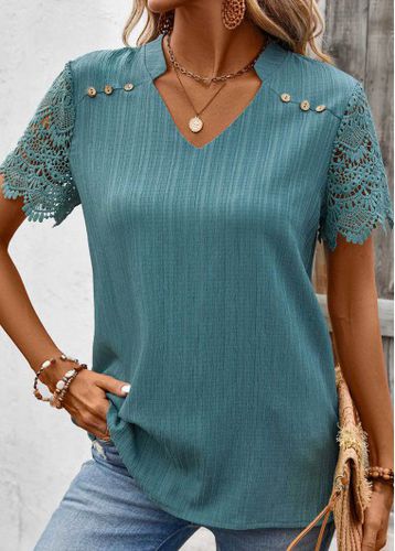 Turquoise Lace Short Sleeve Split Neck Shirt - unsigned - Modalova