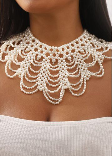 White Pearl Beaded Design Geometric Necklace - unsigned - Modalova