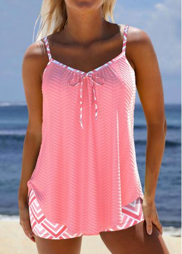 Contrast Binding Geometric Print Pink Tankini Set - unsigned - Modalova