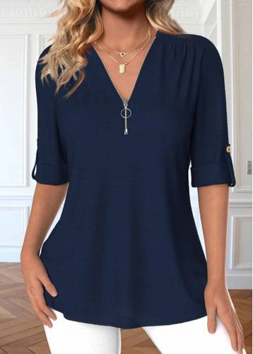 Navy Zipper 3/4 Sleeve V Neck Blouse - unsigned - Modalova