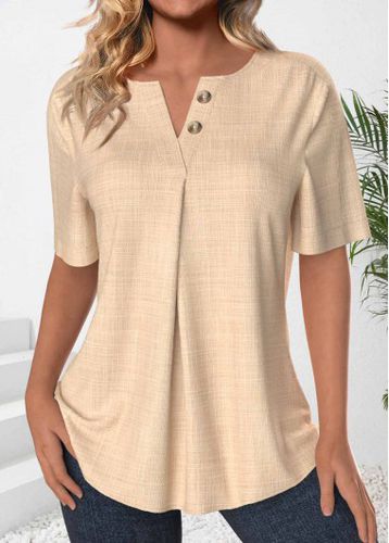 Light Camel Button Short Sleeve Split Neck Blouse - unsigned - Modalova