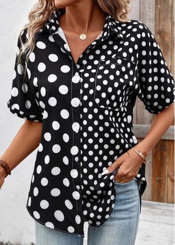 Black Button Polka Dot Short Sleeve Shirt - unsigned - Modalova