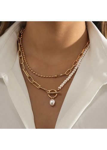 Gold Round Alloy Pearl Chain Necklace - unsigned - Modalova