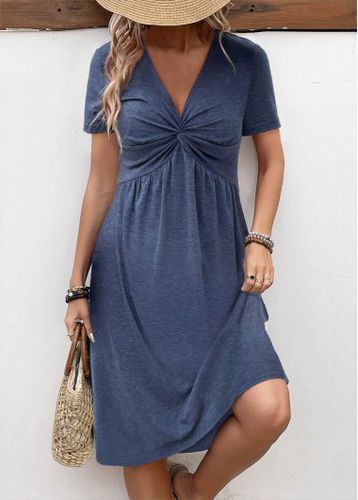 Navy Twist A Line Short Sleeve V Neck Dress - unsigned - Modalova