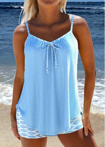 Bowknot Geometric Print Light Blue Tankini Set - unsigned - Modalova