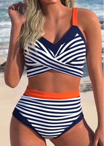 Surplice Striped Navy High Waisted Bikini Set - unsigned - Modalova