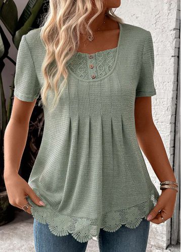 Sage Green Lace Short Sleeve Square Neck T Shirt - unsigned - Modalova