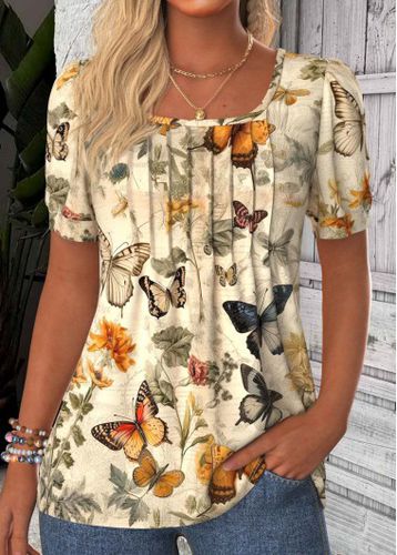 Light Yellow Tuck Stitch Butterfly Print T Shirt - unsigned - Modalova