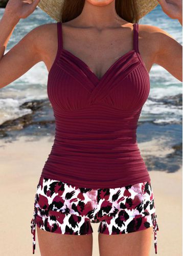 Ruched Leopard Wine Red Tankini Set - unsigned - Modalova