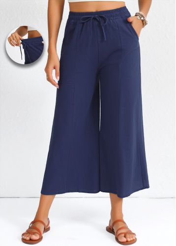 Navy Drawstring Flare Leg Elastic Waist High Waisted Pants - unsigned - Modalova