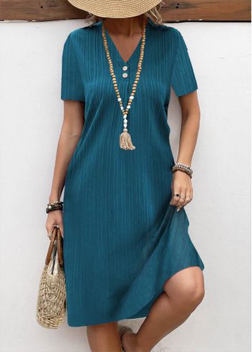 Turquoise Button A Line Short Sleeve V Neck Dress - unsigned - Modalova