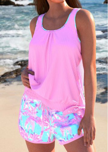 Bowknot Tropical Plants Print Pink Tankini Set - unsigned - Modalova