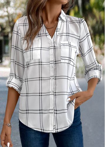 White Button Plaid 3/4 Sleeve Shirt - unsigned - Modalova