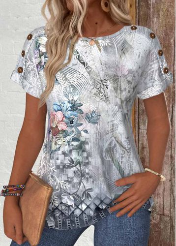 Grey Button Random Floral Print Short Sleeve T Shirt - unsigned - Modalova