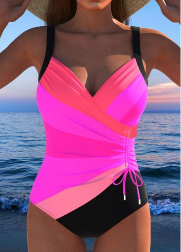 Drawstring Multi Stripe Print Hot Pink One Piece Swimwear - unsigned - Modalova