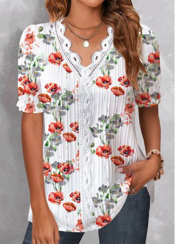 White Patchwork Floral Print Short Sleeve T Shirt - unsigned - Modalova