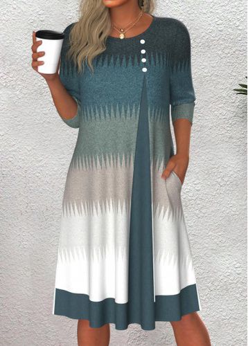 Peacock Blue Button Ombre A Line 3/4 Sleeve Dress - unsigned - Modalova