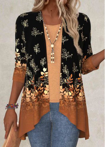 Black Handkerchief Hem Leaf Print Long Sleeve Light Cardigan - unsigned - Modalova